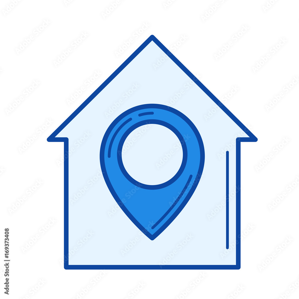 House location vector line icon isolated on white background. House location line icon for infographic, website or app. Blue icon designed on a grid system. House location vector line icon isolated on white background. House location line icon for infographic, website or app. Blue icon designed on a grid system.