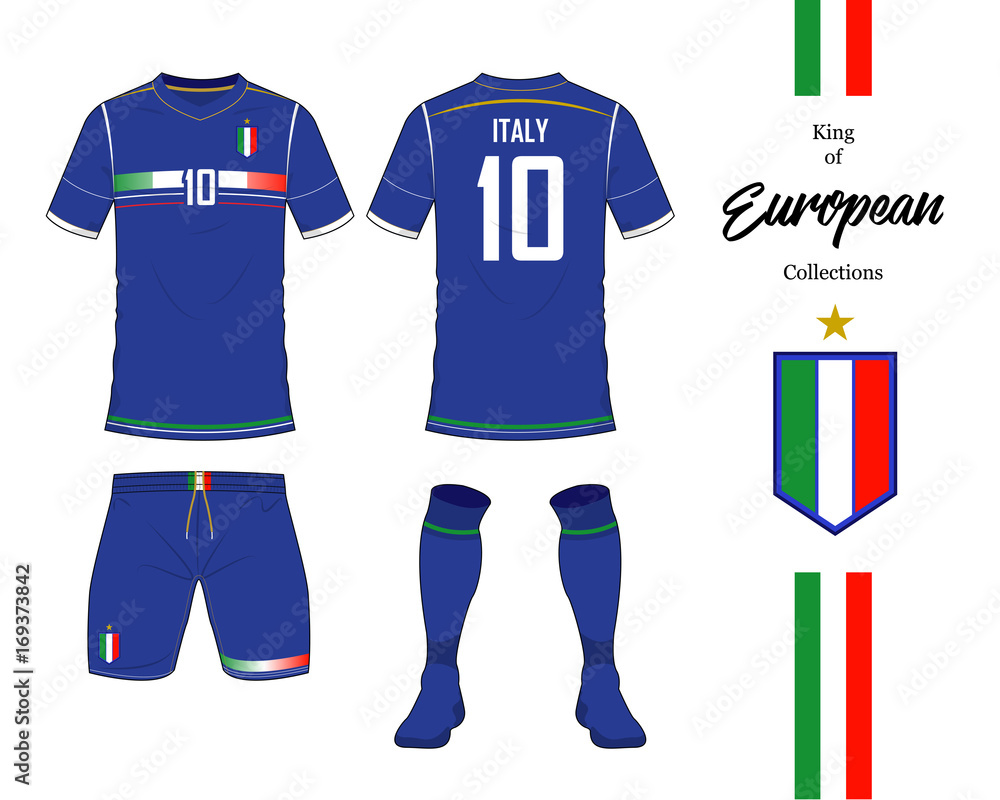 Italy football national team uniform. Soccer jersey or football kit  template. Football logo in flat design. Front and rear view soccer t-shirt  mock up. Vector Illustration. Stock Vector | Adobe Stock