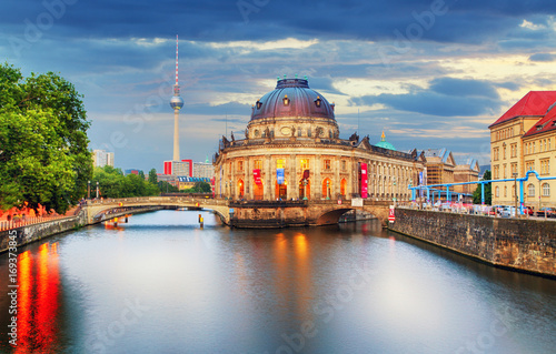 Museum island on Spree river and Alexanderplatz TV tower in center of Berlin, Germany photo