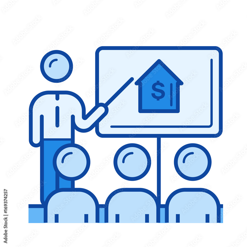 Real estate agent meeting vector line icon isolated on white background. Real estate agent meeting line icon for infographic, website or app. Blue icon designed on a grid system. Real estate agent meeting vector line icon isolated on white background. Real estate agent meeting line icon for infographic, website or app. Blue icon designed on a grid system.