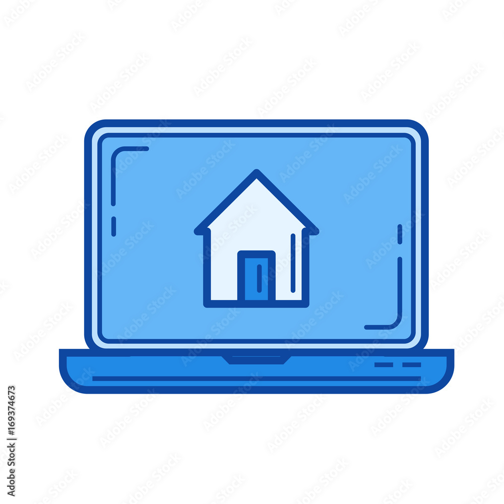 Buy house online vector line icon isolated on white background. Buy house online line icon for infographic, website or app. Blue icon designed on a grid system. Buy house online vector line icon isolated on white background. Buy house online line icon for infographic, website or app. Blue icon designed on a grid system.