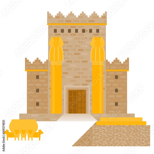 King Solomon's temple (Beit HaMikdash in hebrew name) with large basin call Brazen Sea and bronze altar, flat design vector illustration