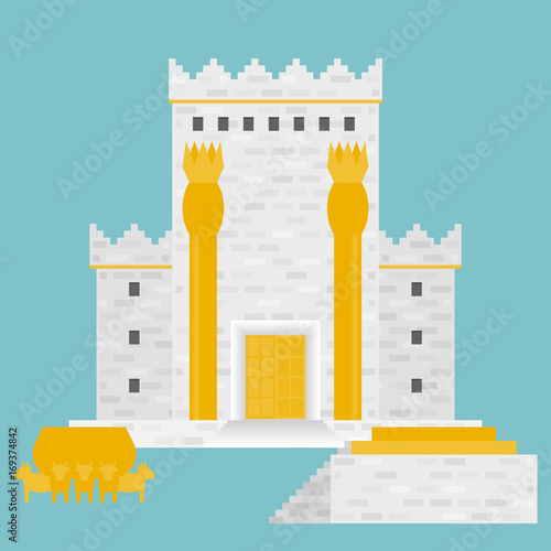 King Solomon's temple (Beit HaMikdash in hebrew name) with large basin call Brazen Sea and  bronze altar, flat design vector illustration