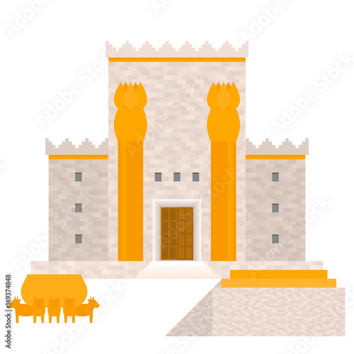 King Solomon's temple (Beit HaMikdash in hebrew name) with large basin call Brazen Sea and  bronze altar, flat design vector illustration