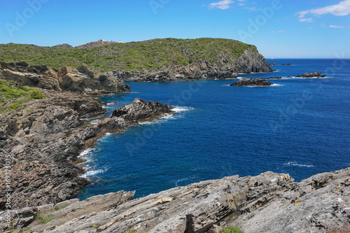 Spain Costa Brava rocky coastal landscape in the natural park Cap de Creus, Mediterranean sea, Cadaques, Catalonia