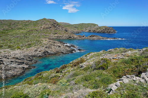 Spain Costa Brava rocky coastal landscape in the natural park Cap de Creus, Mediterranean sea, Cadaques, Catalonia