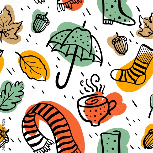 Seamless vector pattern Hello Autumn with umbrellas, boots, cups and different leaves