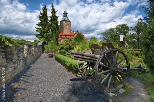 Cannon on the courtyard of medieval defensive Czocha castle in Lesna, Poland
