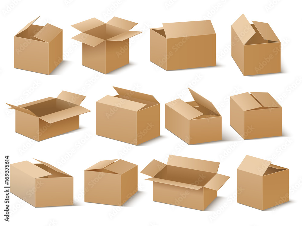 Delivery and shipping carton package. Brown cardboard boxes vector set