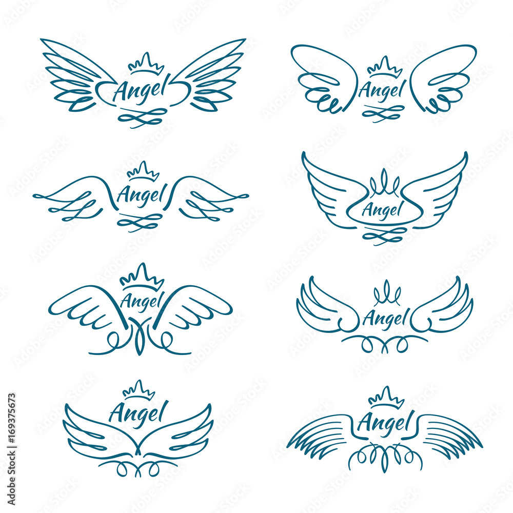 Elegant angel flying wings. Hand drawn wing tattoo vector design collection