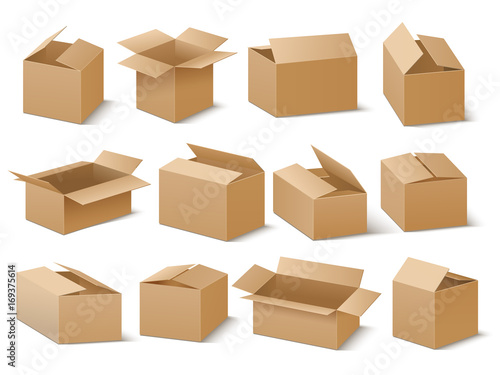 Delivery and shipping carton package. Brown cardboard boxes vector set © MicroOne