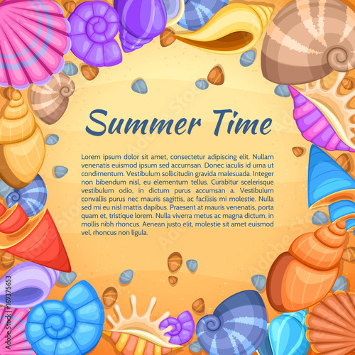 Summer travel vector card with cartoon sea shell border