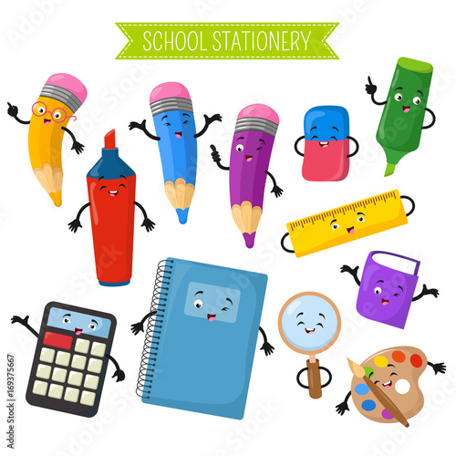 Cartoon 3d vector characters of school writing stationery