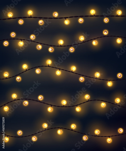 Set of yellow garland style christmas lights on the dark gray background. Vector design incandescent light string elements.