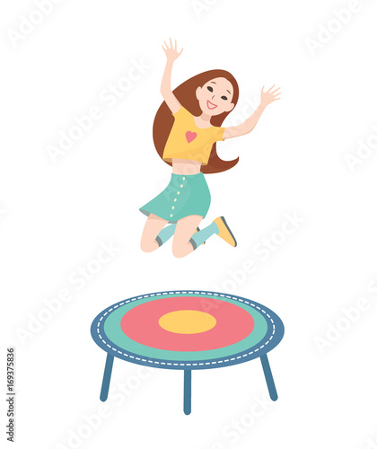 Happy girl jumping on a trampoline. Vector colorful illustration on white background.