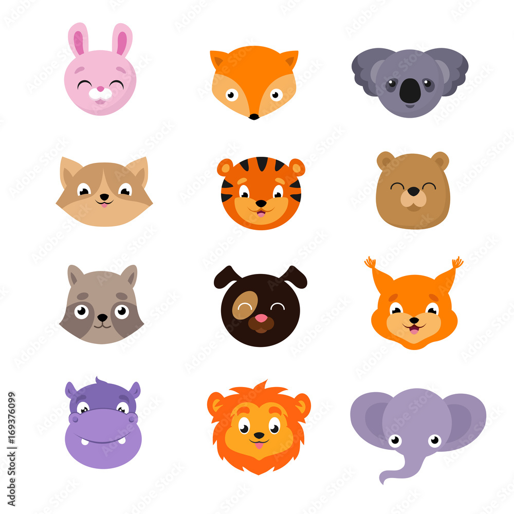 Cute baby animal faces vector set Cute baby animal faces vector set