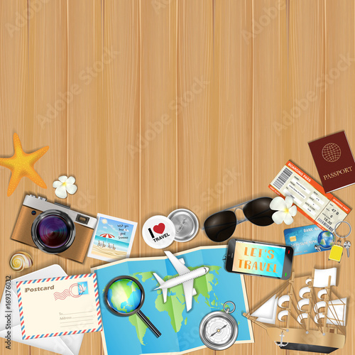 tropical travel object set on wood board background