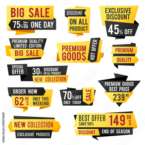 Price tag, promo banners and discount labels. Business presentation design vector elements