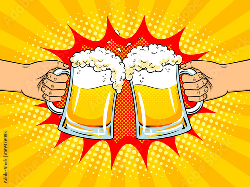 Hands with mugs of beer pop art vector