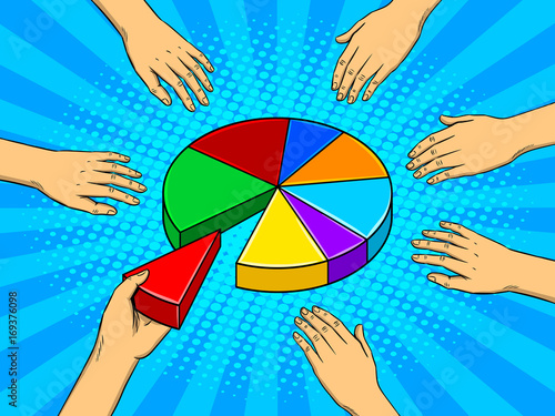 Hands taking pieces of pie chart vector