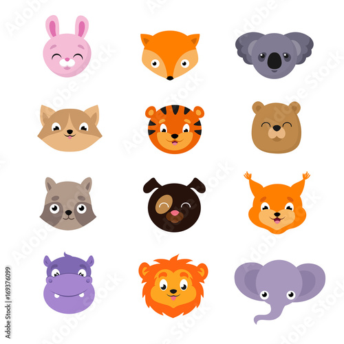 Cute baby animal faces vector set