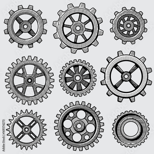 Retro sketch mechanical gears. Hand drawn vintage cog wheel parts of factory machine vector illustration