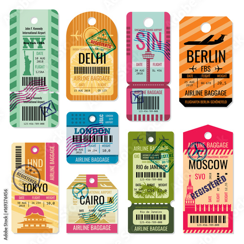 Vintage baggage tags and luggage labels vector set photo