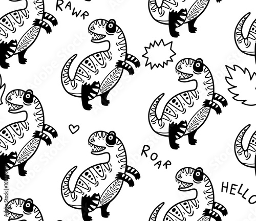 Cartoon dinosaurs seamless pattern for kid in outline