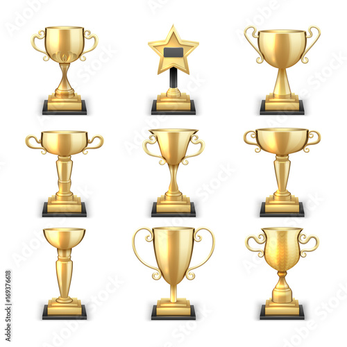 Winning golden trophy cups and sports awards vector collection isolated on white background
