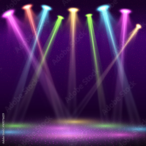 Modern interior of nightclub with empty show stage and color spot lights vector illustration