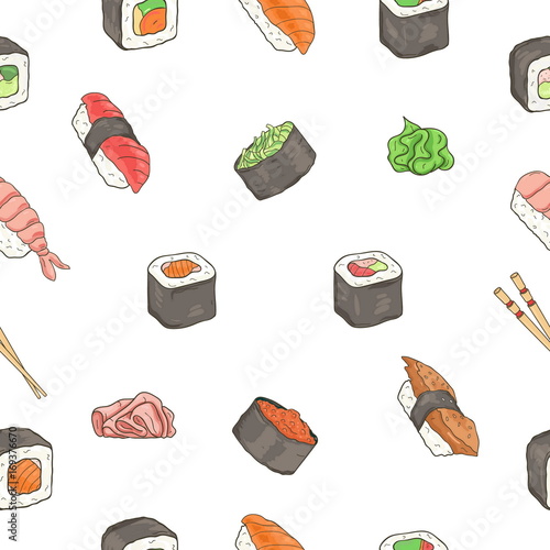 Japanese seafood sushi rolls seamless pattern. Traditional food. Nori, temaki, nigiri, futomaki. Colorful hand drawn background.