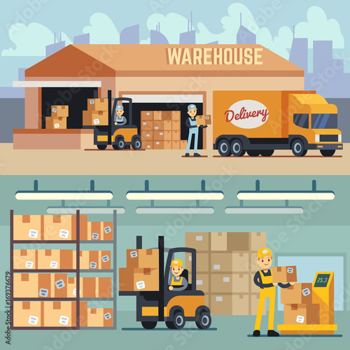 Warehouse storage and shipping logistics vector concept