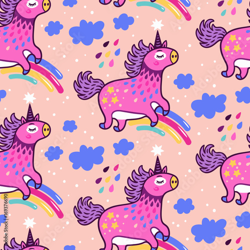 Seamless pattern with cute unicorns  rainbows  clouds and rain