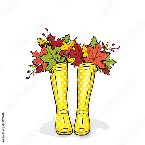 Rubber boots with colorful autumn leaves. Vector illustration for a postcard or a poster, print for clothes. Fashion, style and shoes.
