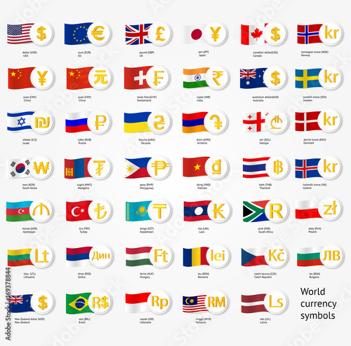 Symbols world money with national county flags. Vector currency exchange icons collection.