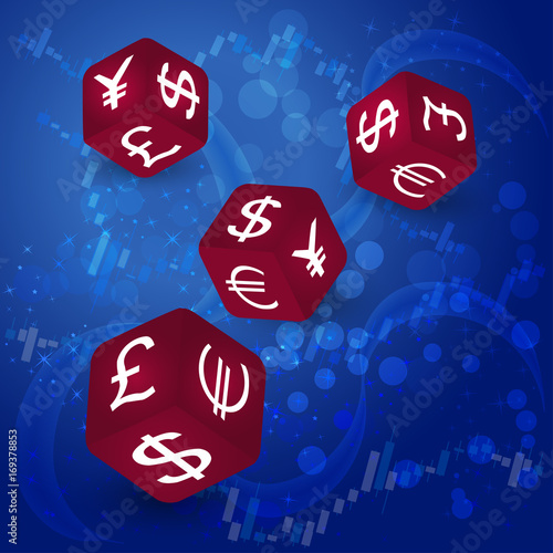 Vector dices with dollar, pound,euro and yen symbols on blue background. Forex market, online trading, stock exchange and bussines concept.