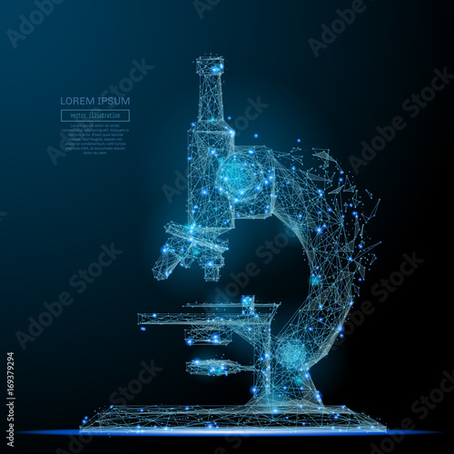 Abstract image of a microscope in the form of a starry sky or space, consisting of points, lines, and shapes in the form of planets and the universe. Vector education and science wireframe concept. photo