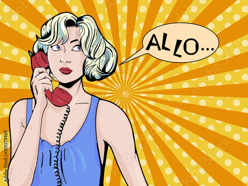 Pop art vintage comic. Girl talking on the phone. Retro style. Bubble for text. Technology and communication