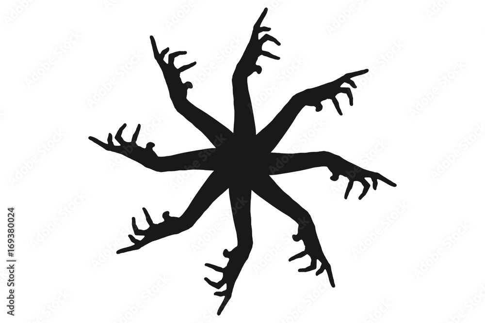 Snowflake shaped shadow of zombie hands isolated on white background. Snowflake shaped shadow of zombie hands isolated on white background.