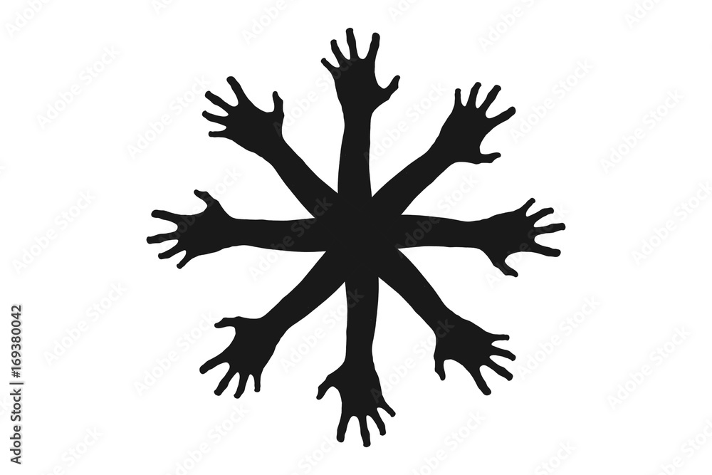 Snowflake shaped shadow of zombie hands isolated on white background. Snowflake shaped shadow of zombie hands isolated on white background.