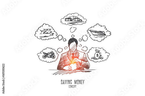 Saving money concept. Hand drawn saving money for vacation, retirement in piggy bank. Person put coin in money box isolated vector illustration.