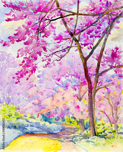 Painting colorful of Wild himalayan cherry on mountain and emotion