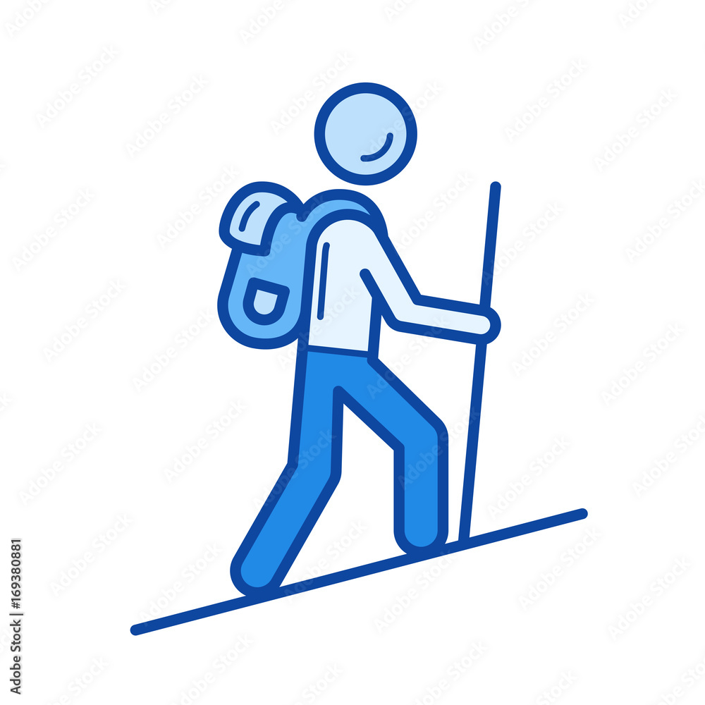 Mountain hiking vector line icon isolated on white background Mountain hiking vector line icon isolated on white background