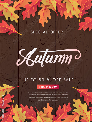 Autumn sale background layout decorate with leaves on wood for shopping sale or promo poster and frame leaflet or web banner.Vector illustration template.