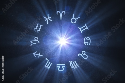 Fotografie 3D rendered illustration of glowing astrology zodiac signs on starry dark background
