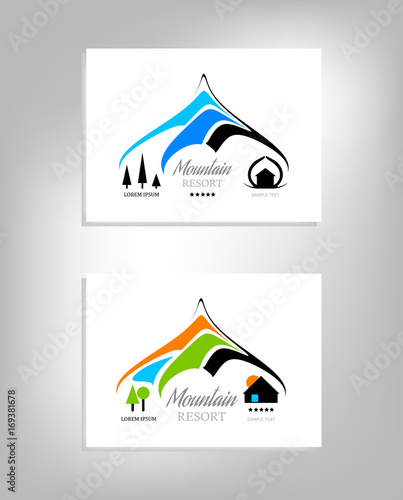 Mountain resort vector logo design template. Winter or Summer holiday