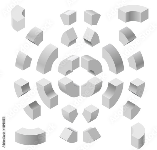 Arched shapes in isometric perspective, isolated on white background. Basic building blocks for creating abstract objects, background. Gray three-dimensional round shapes figure. Low poly vector.