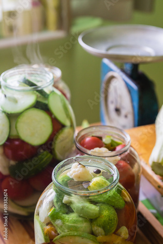 Marinated fresh vegetables canned in bottle