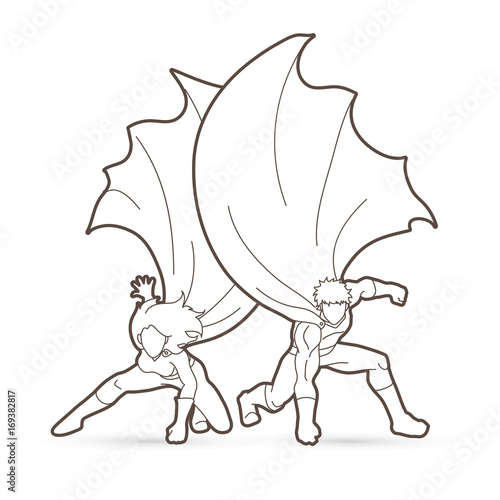 Strong Man and Woman, Couple Superhero landing powerful action outline graphic vector.