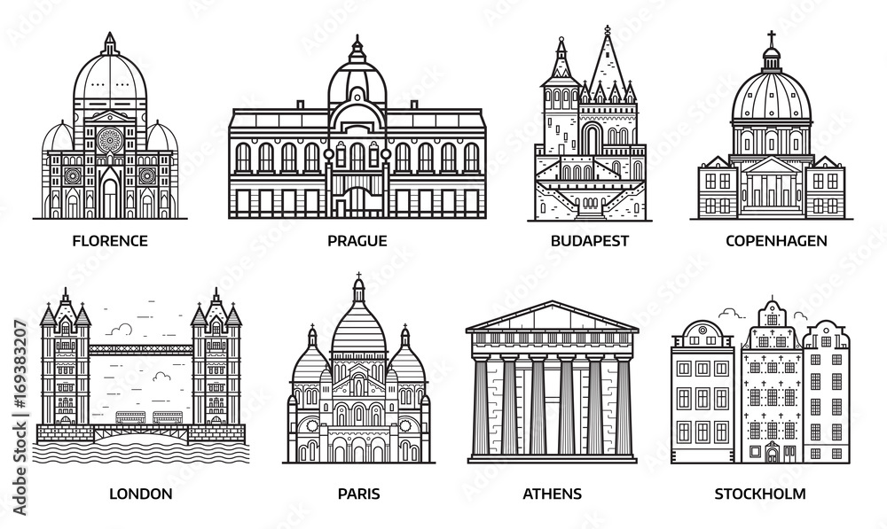 European monuments and landmarks. Europe travel destinations with famous buildings and tourist attractions in line art design. Top cities including Florence, Paris, Budapest, Prague, London and more. 